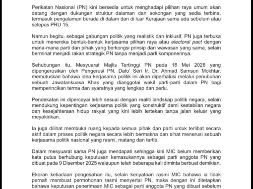PN terbuka kerjasama dengan mana-mana parti hadapi PRU akan datang